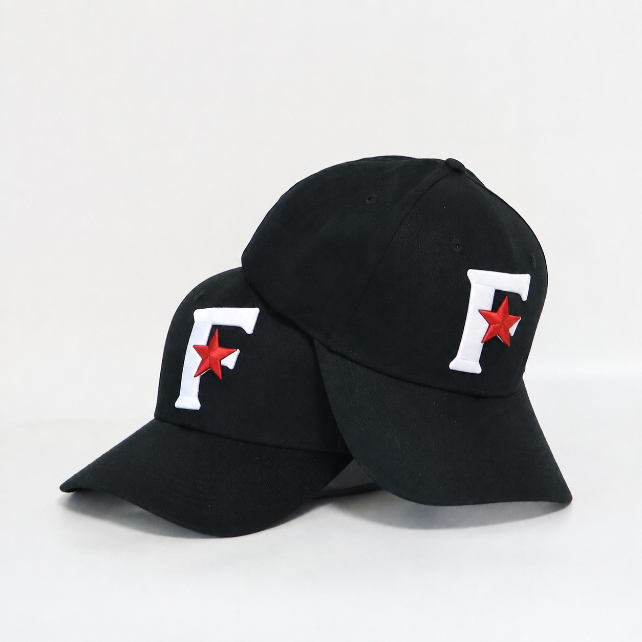 Black Star-Motif Six-Panel Cap with Raised Red and White Embroidery