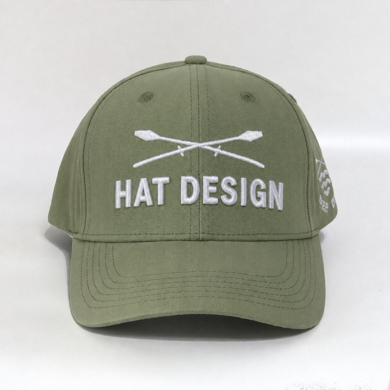 Olive Herringbone 6-Panel Curved Brim Cap with White Embroidery