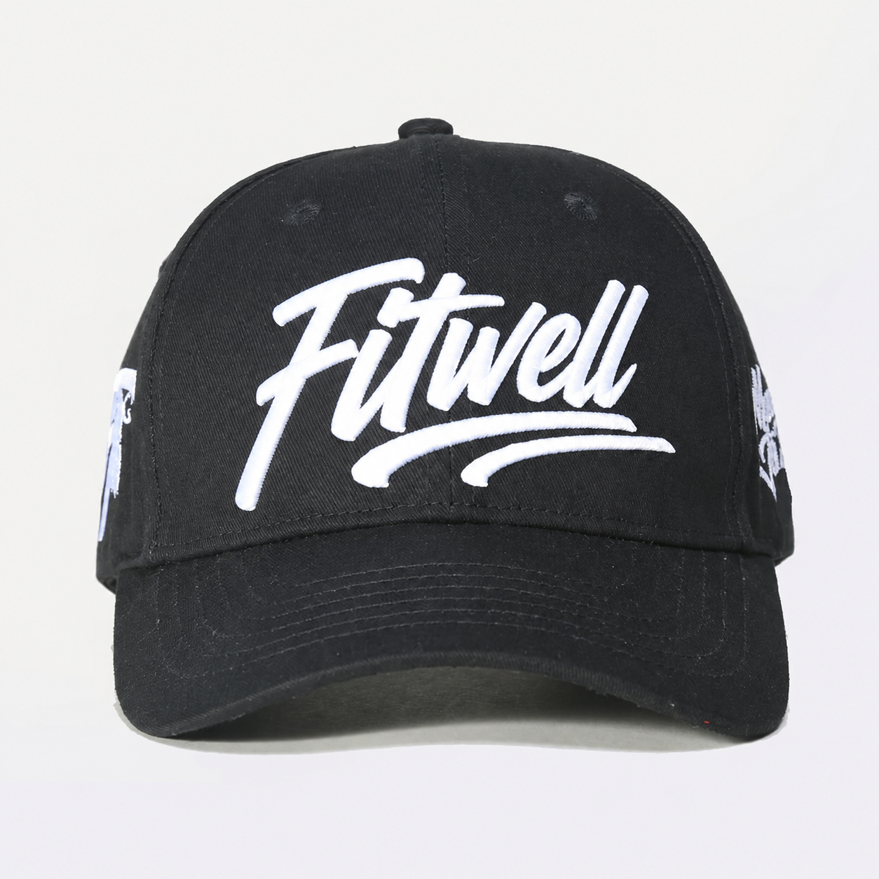 Black Structured Six-Panel Cap with Bold White Script Embroidery