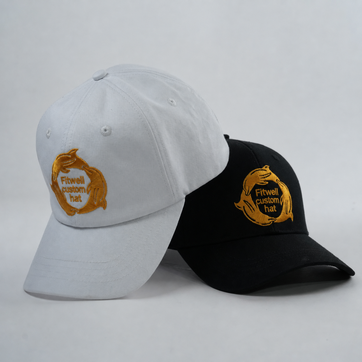 Black and White Structured Cotton Caps with Gold Fish Emblem