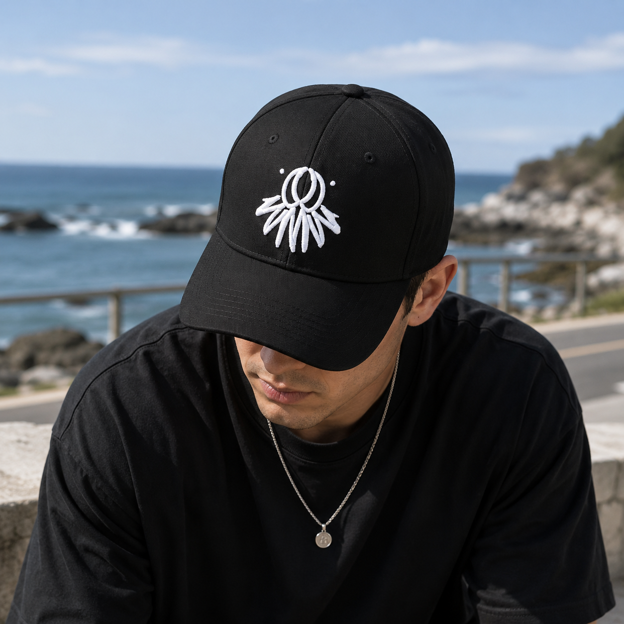 Black Abstract White Emblem Embroidered Structured Baseball Cap