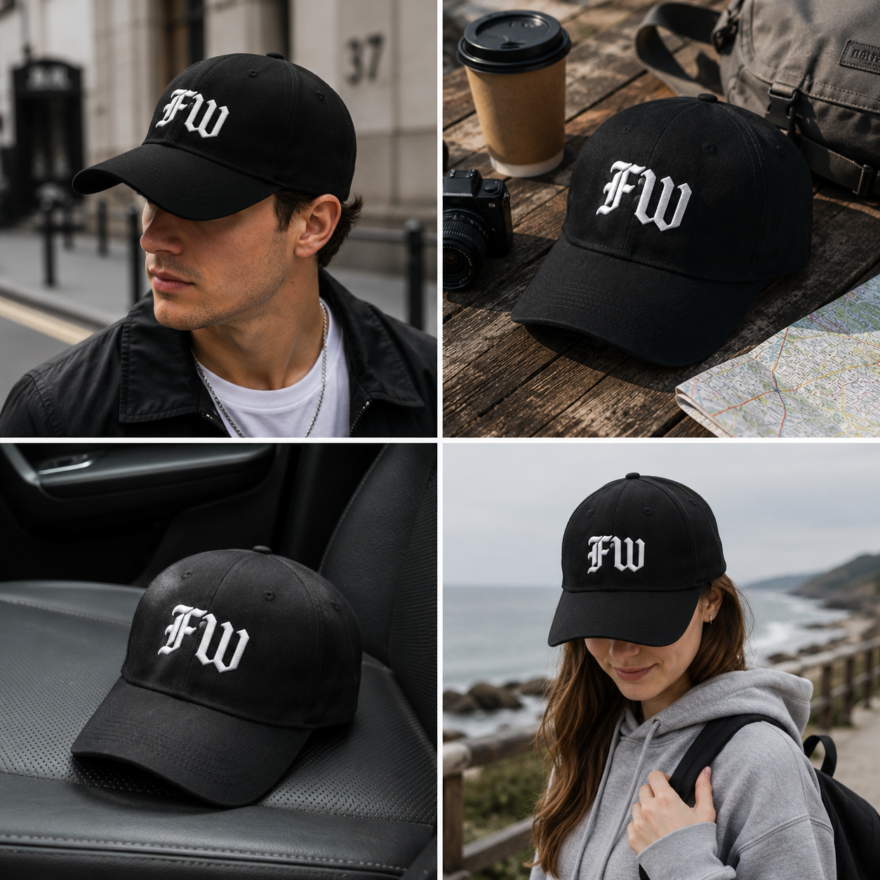 Black Six-Panel Curved Brim Cap with White Gothic Monogram