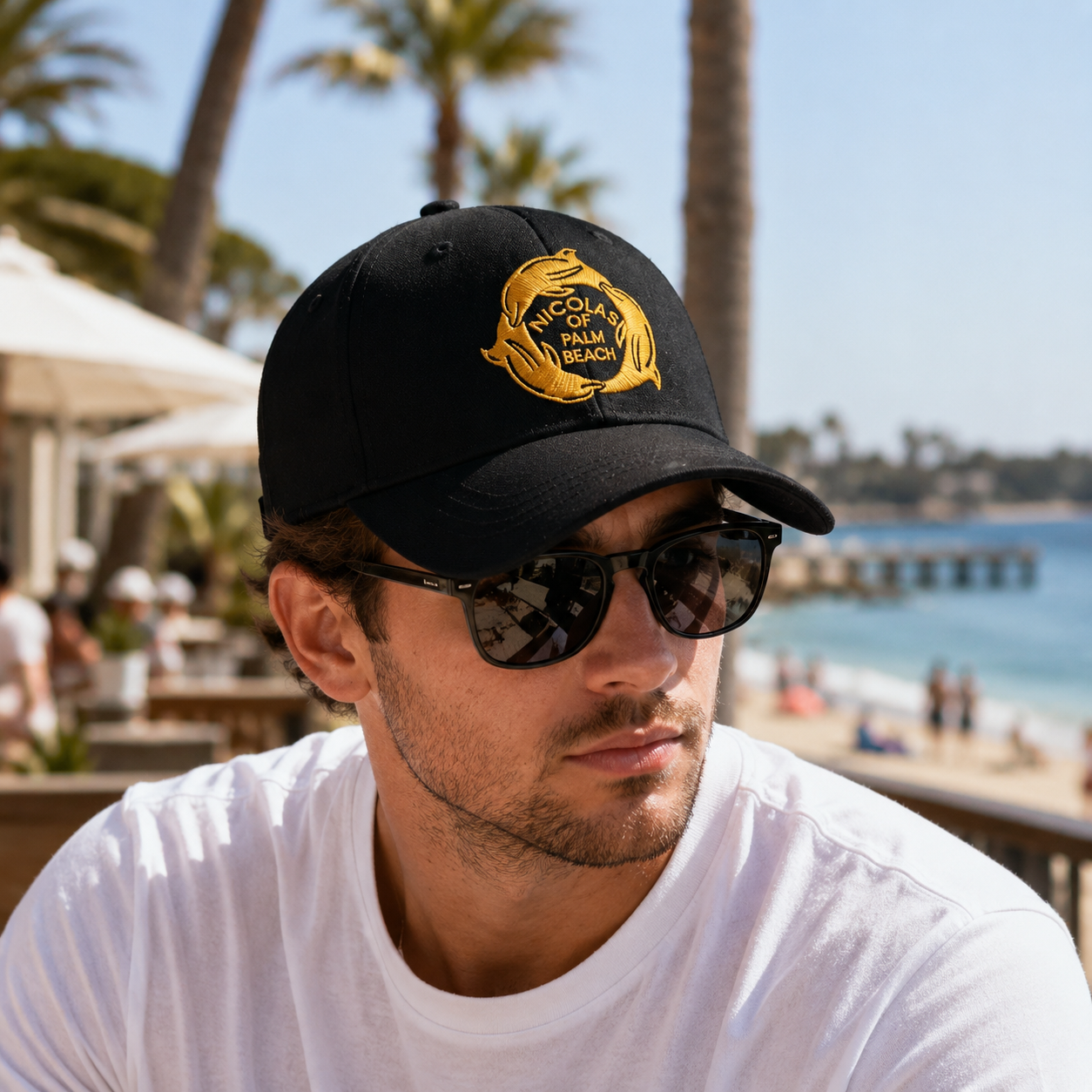 Black and White Structured Cotton Caps with Gold Fish Emblem