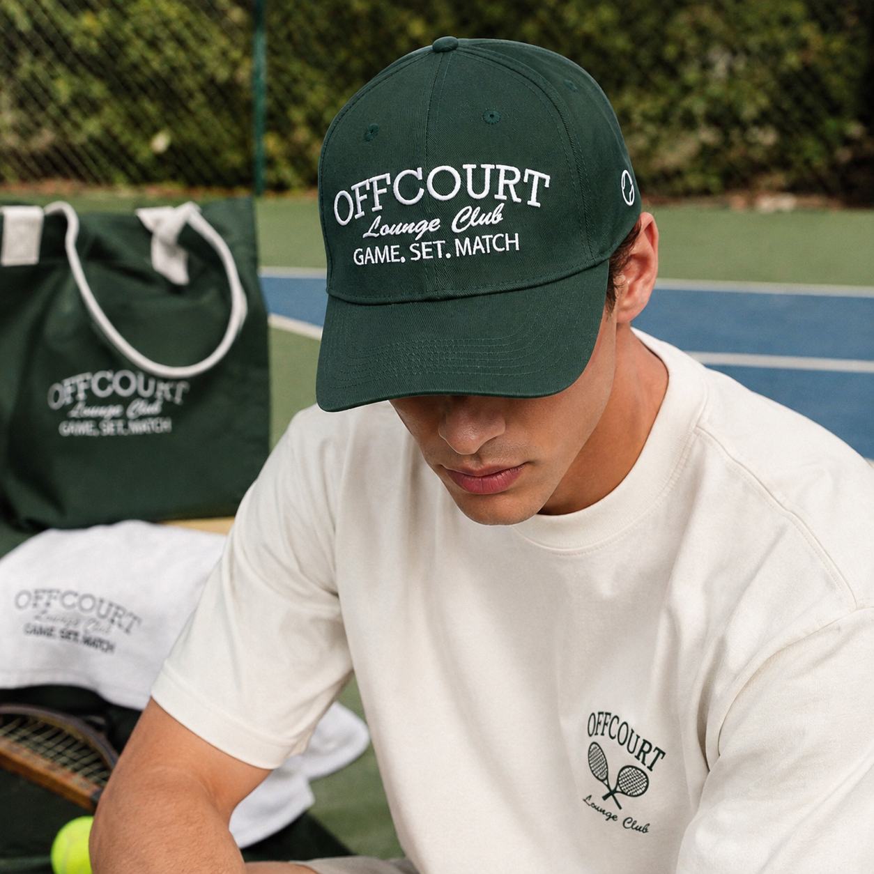 Forest Green Offcourt Lounge Club Tennis Slogan Embroidered 6-Panel Cap