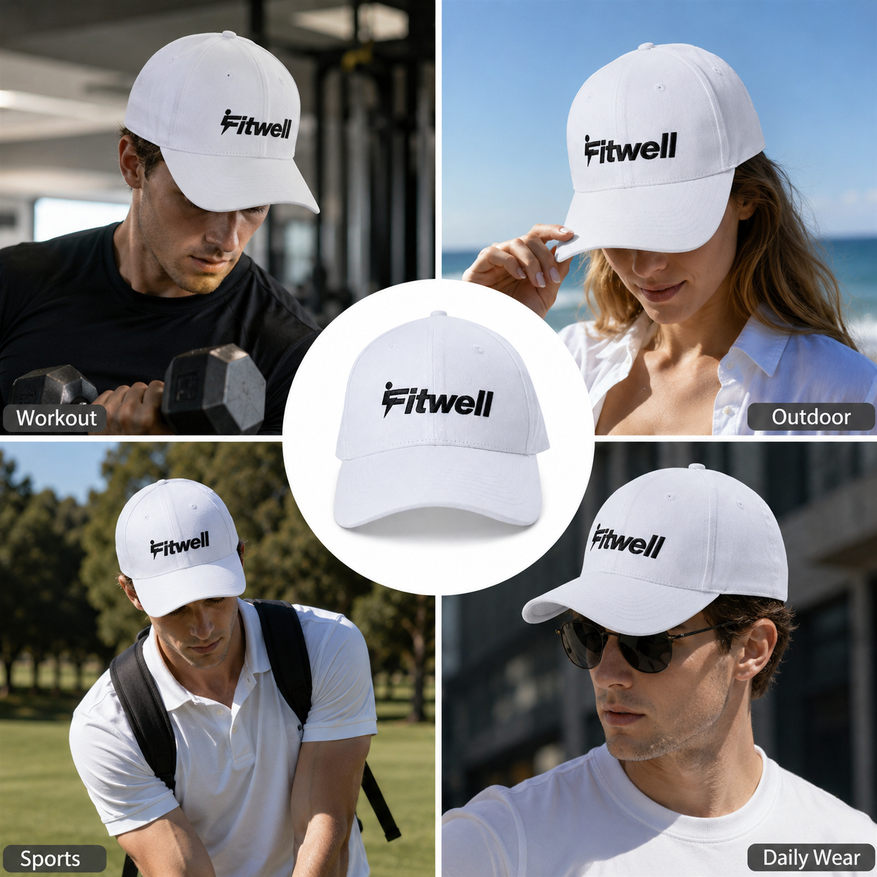 White IMPACT Structured Six-Panel Cotton Cap with Black Embroidery