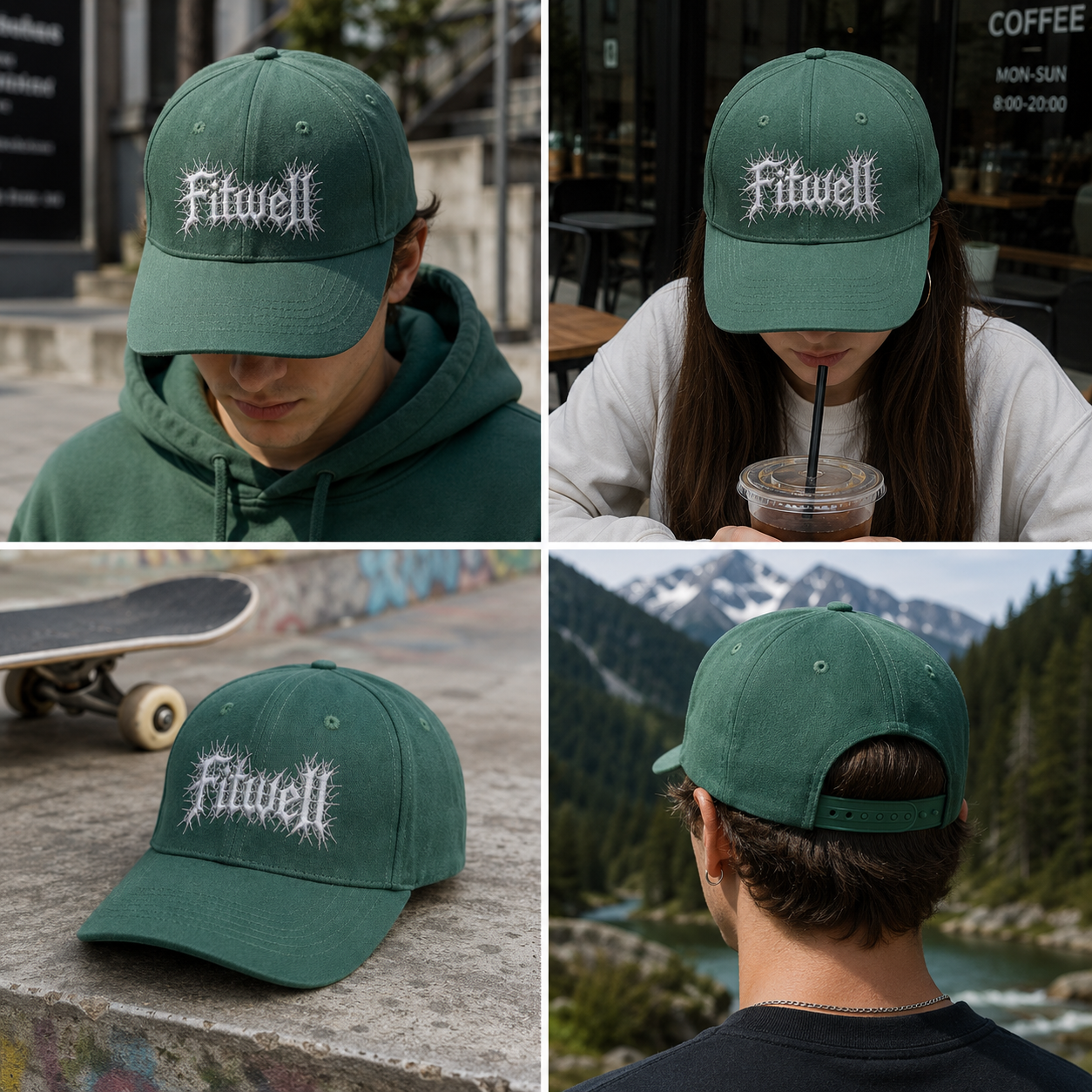 Green Structured Baseball Cap with White Gothic Thorn Embroidery