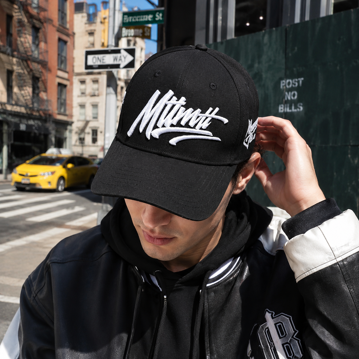 Black Structured Six-Panel Cap with Bold White Script Embroidery