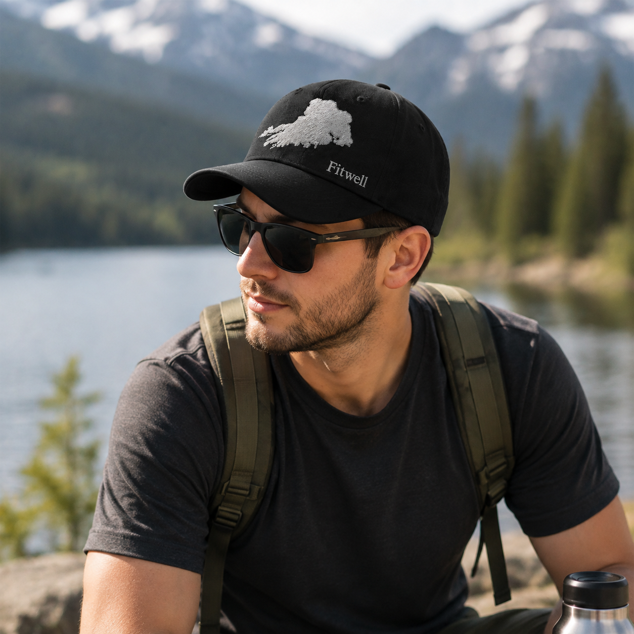 Black 6-Panel Structured Baseball Cap with Silver Cork Map Embroidery