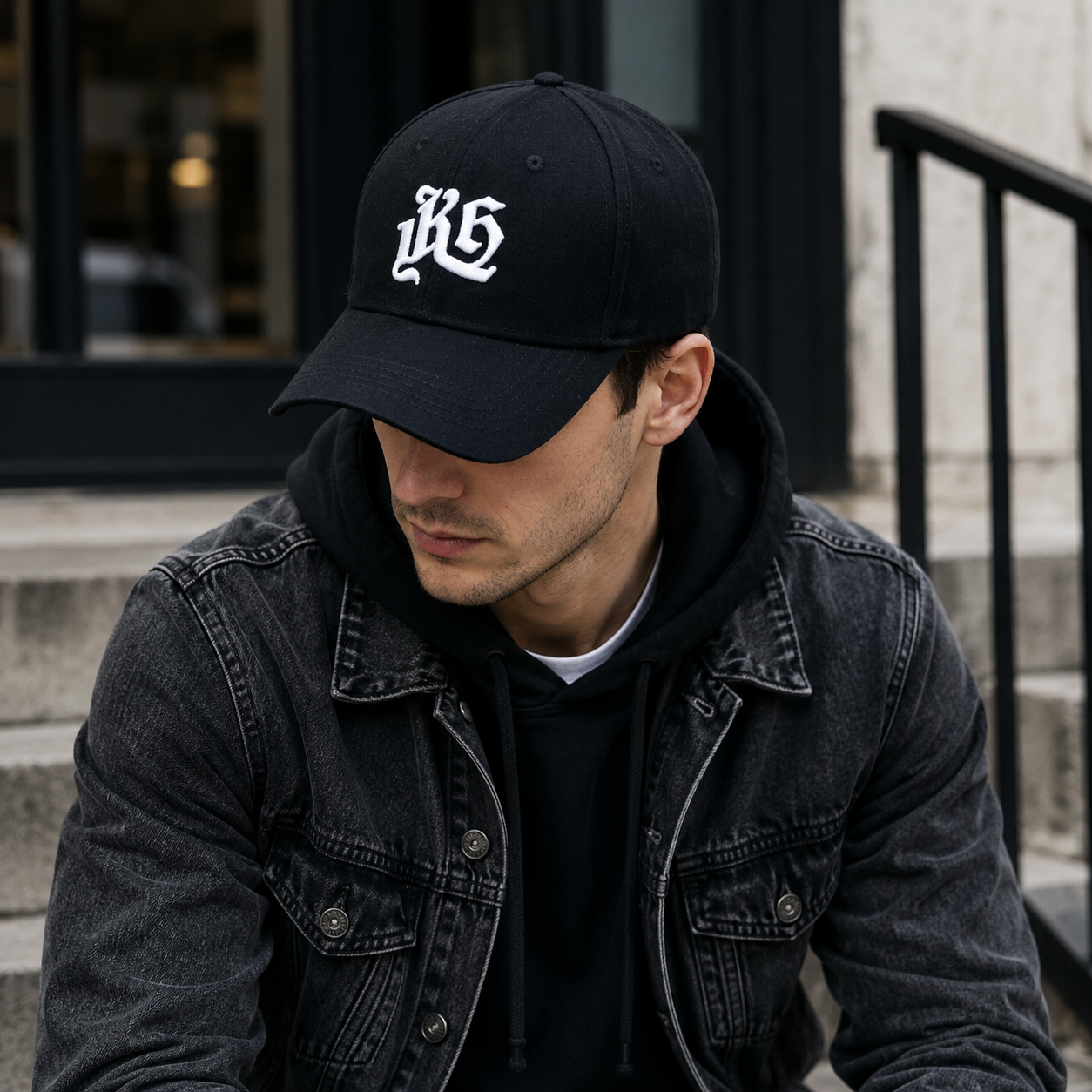 Black Six-Panel Curved Brim Cap with White Gothic Monogram