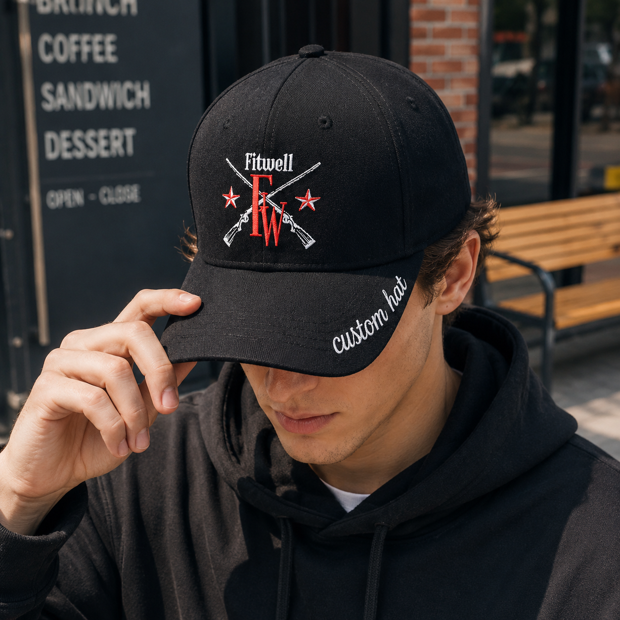 Black Six-Panel Baseball Cap with Red and White Crossed-Rifle Embroidery