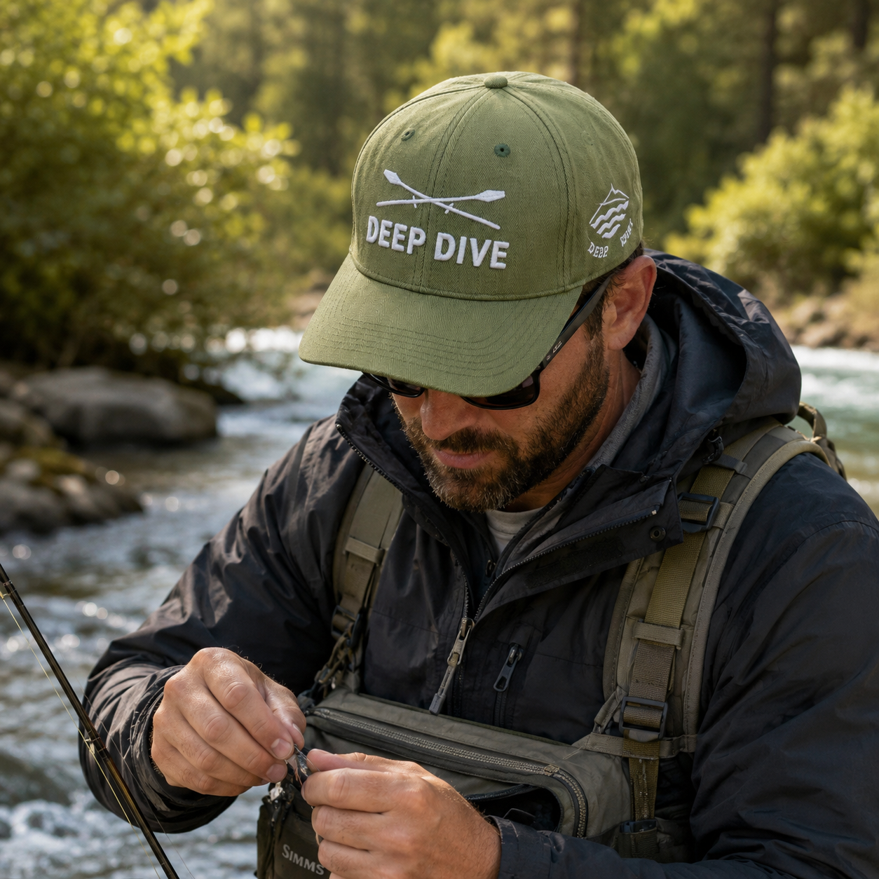 Olive Herringbone 6-Panel Curved Brim Cap with White Embroidery