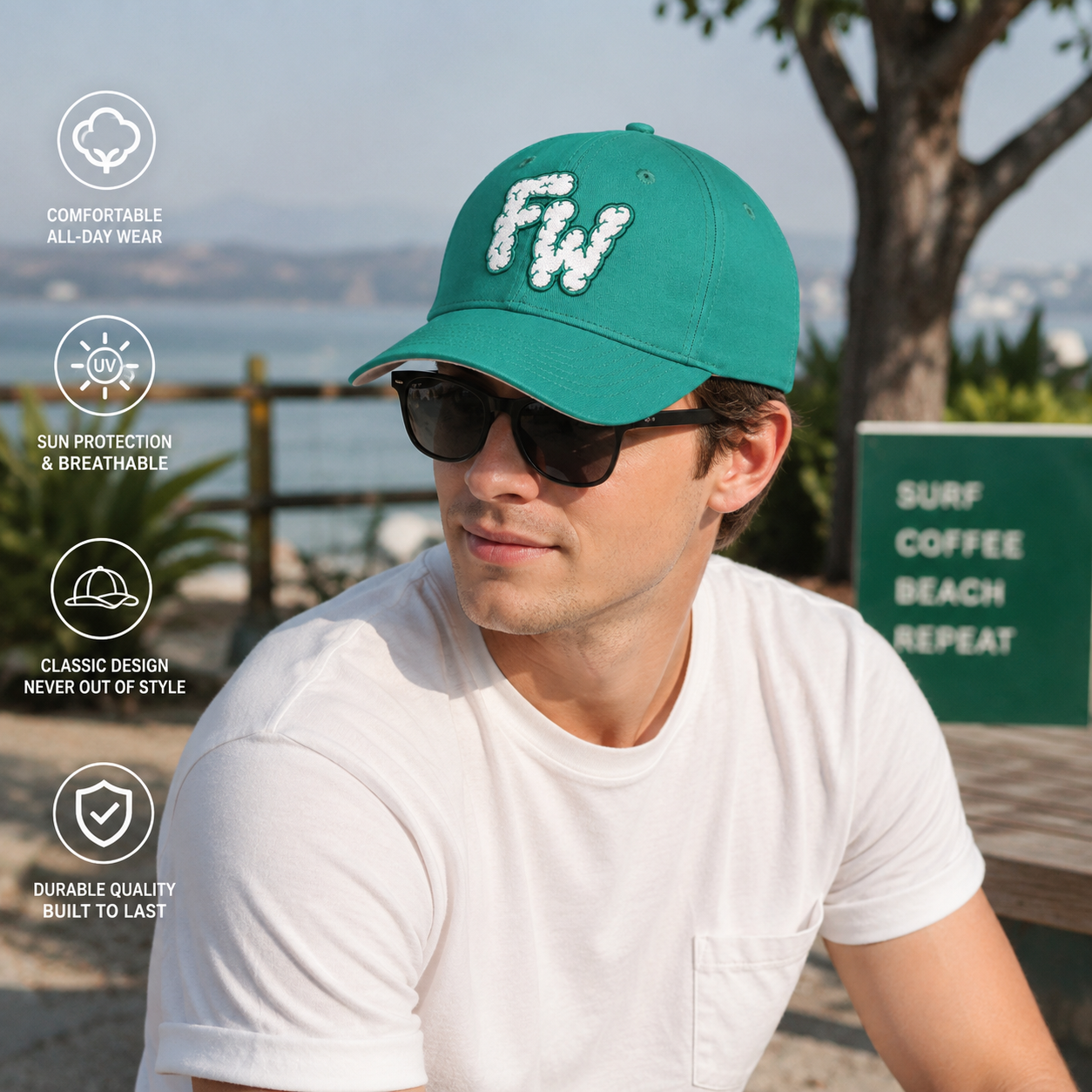 Teal Structured Six-Panel Cap with Layered Puff Letter Embroidery