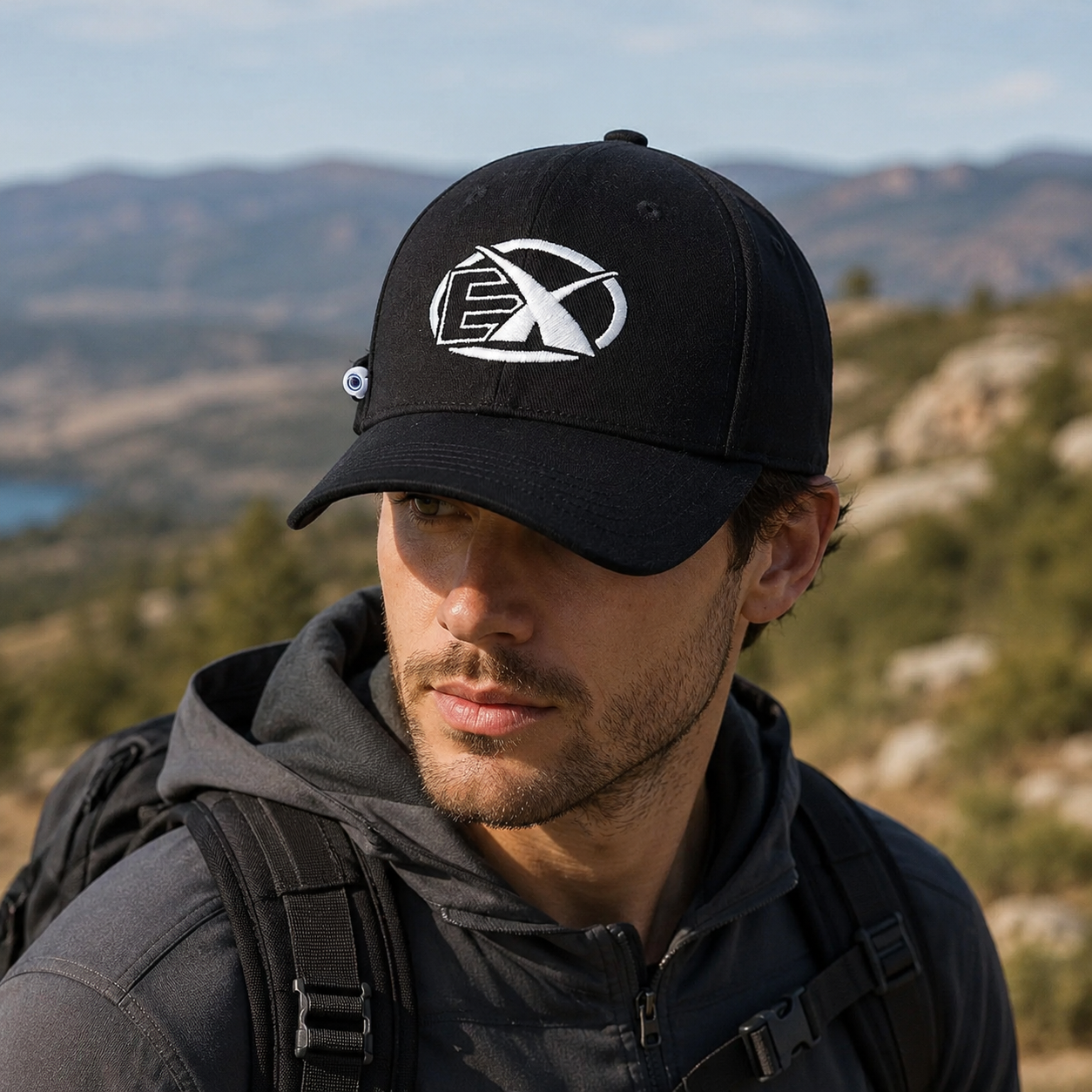 Black Six-Panel Curved Brim Cap with White Geometric Emblem