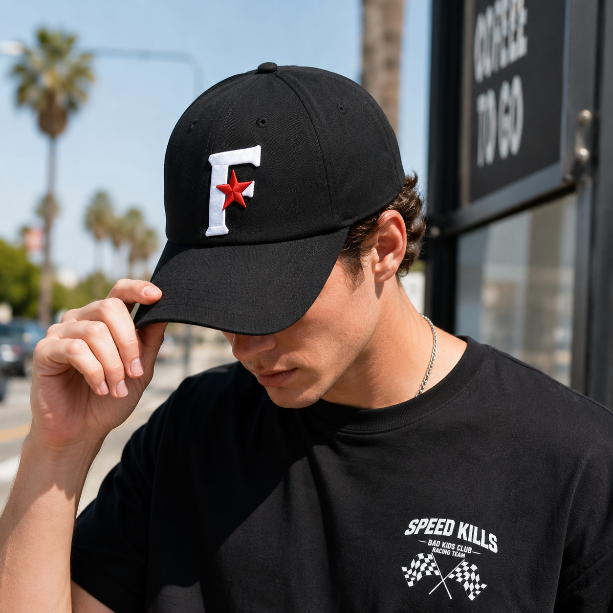 Black Star-Motif Six-Panel Cap with Raised Red and White Embroidery