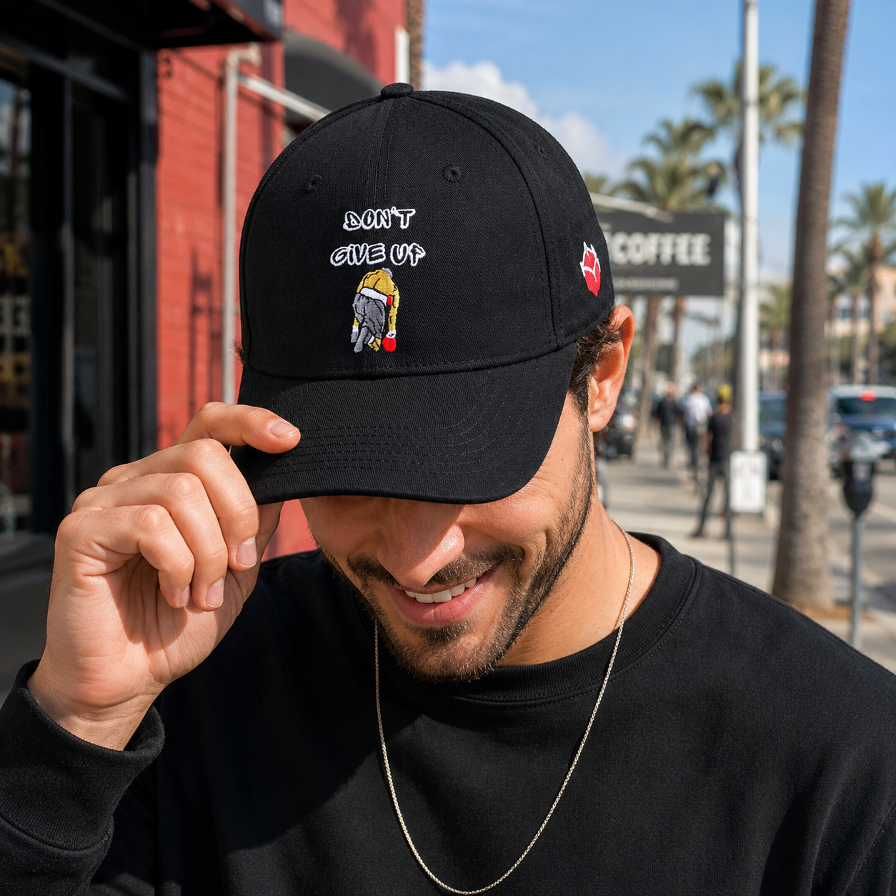 Black Motivational Cartoon Embroidered 6 Panel Baseball Cap