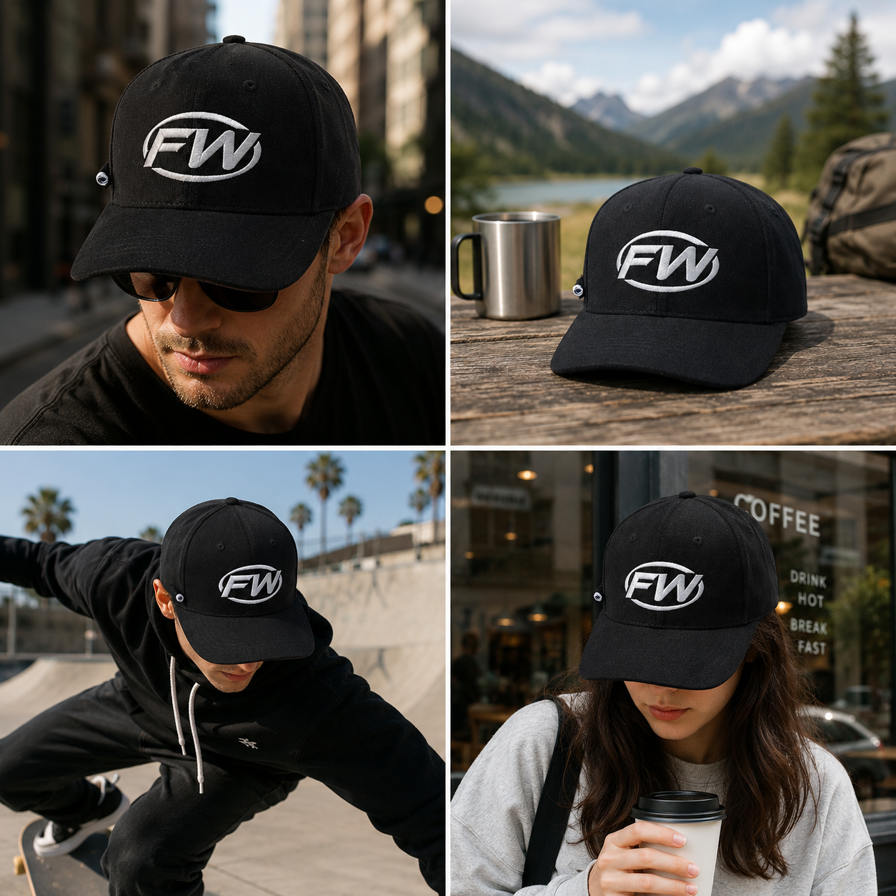 Black Six-Panel Curved Brim Cap with White Geometric Emblem