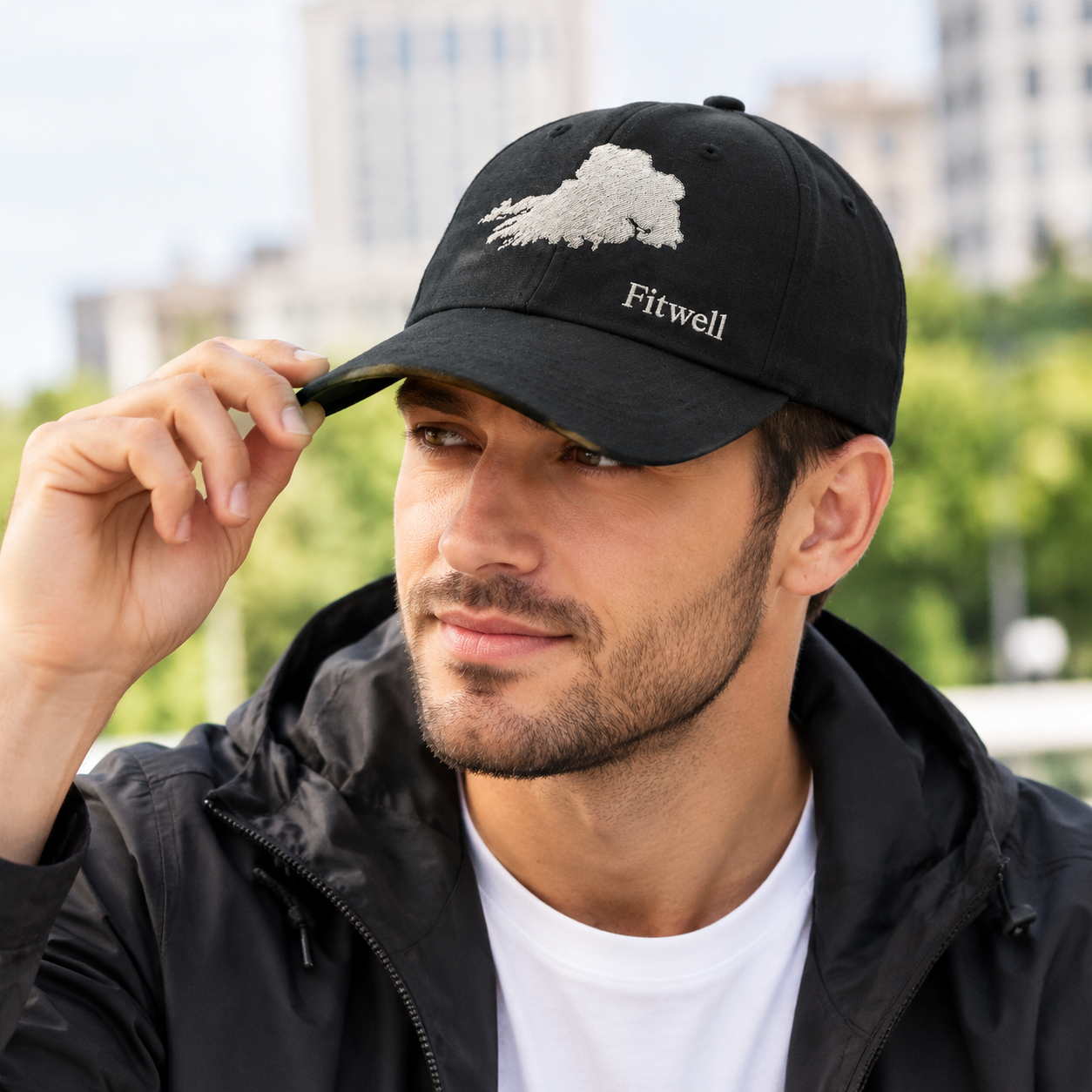 Black 6-Panel Structured Baseball Cap with Silver Cork Map Embroidery