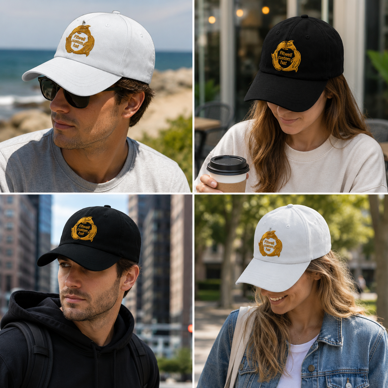 Black and White Structured Cotton Caps with Gold Fish Emblem
