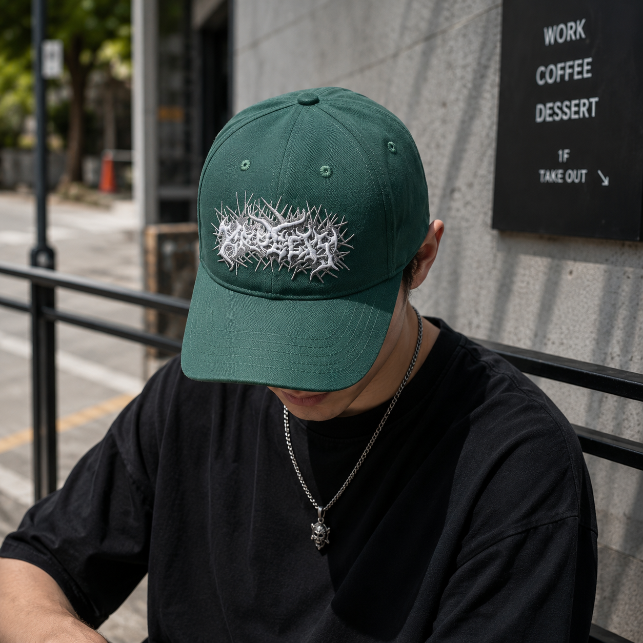 Green Structured Baseball Cap with White Gothic Thorn Embroidery