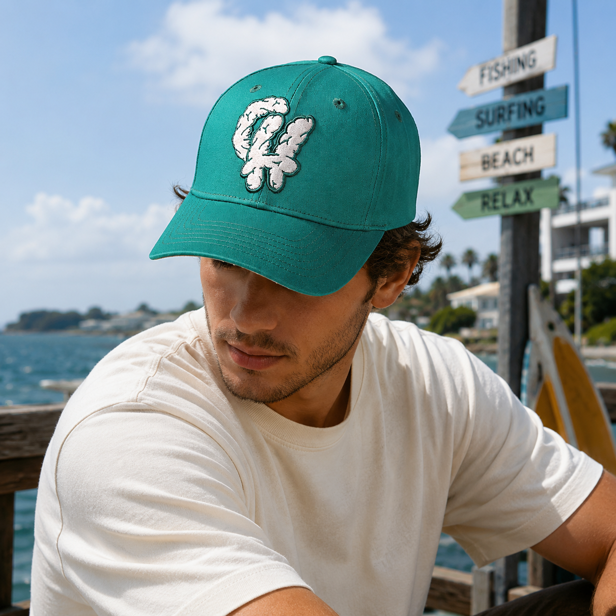 Teal Structured Six-Panel Cap with Layered Puff Letter Embroidery