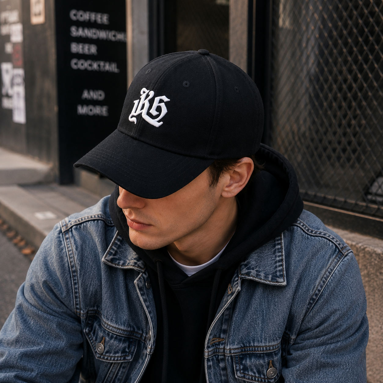 Black Six-Panel Curved Brim Cap with White Gothic Monogram