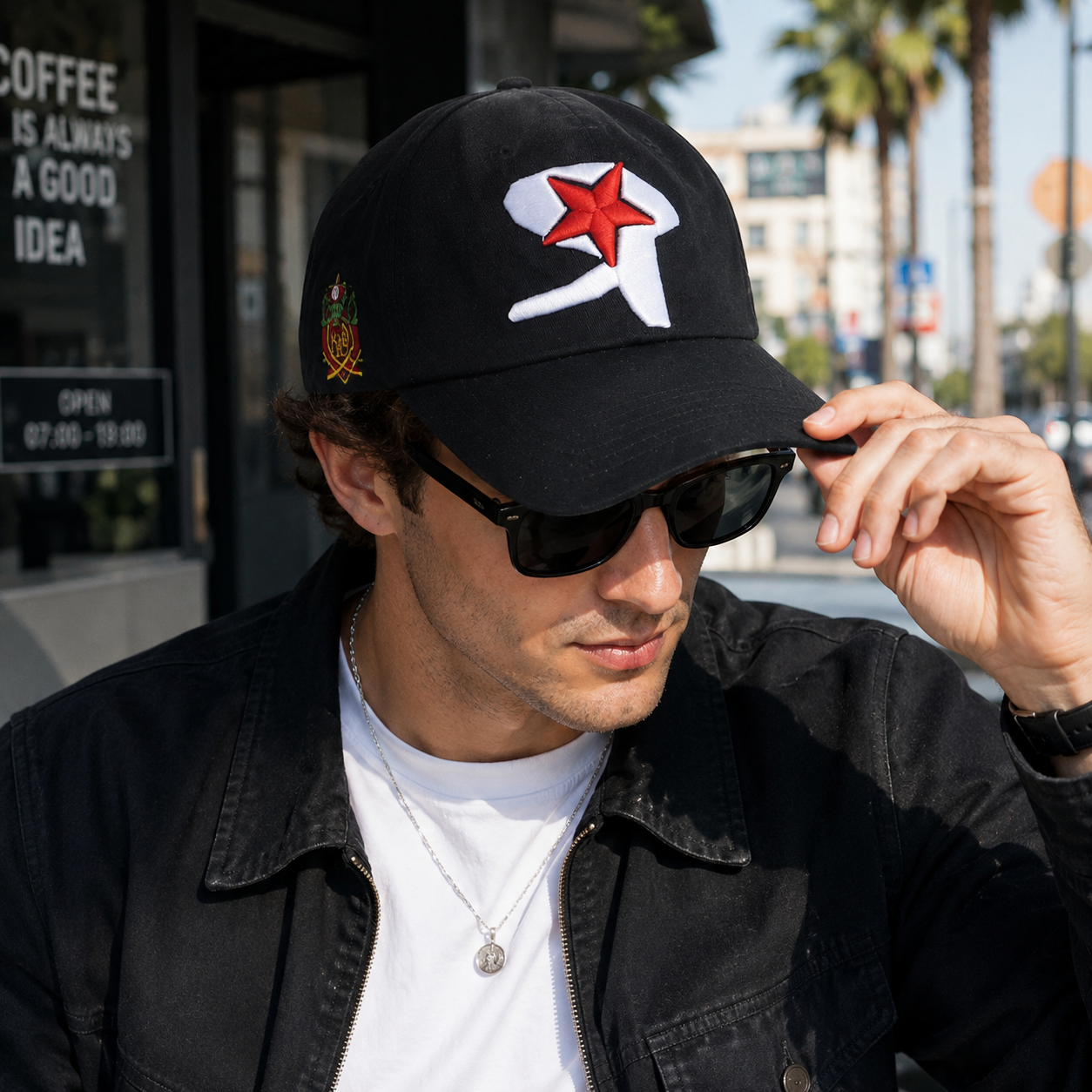 Black Star-Motif Six-Panel Cap with Raised Red and White Embroidery