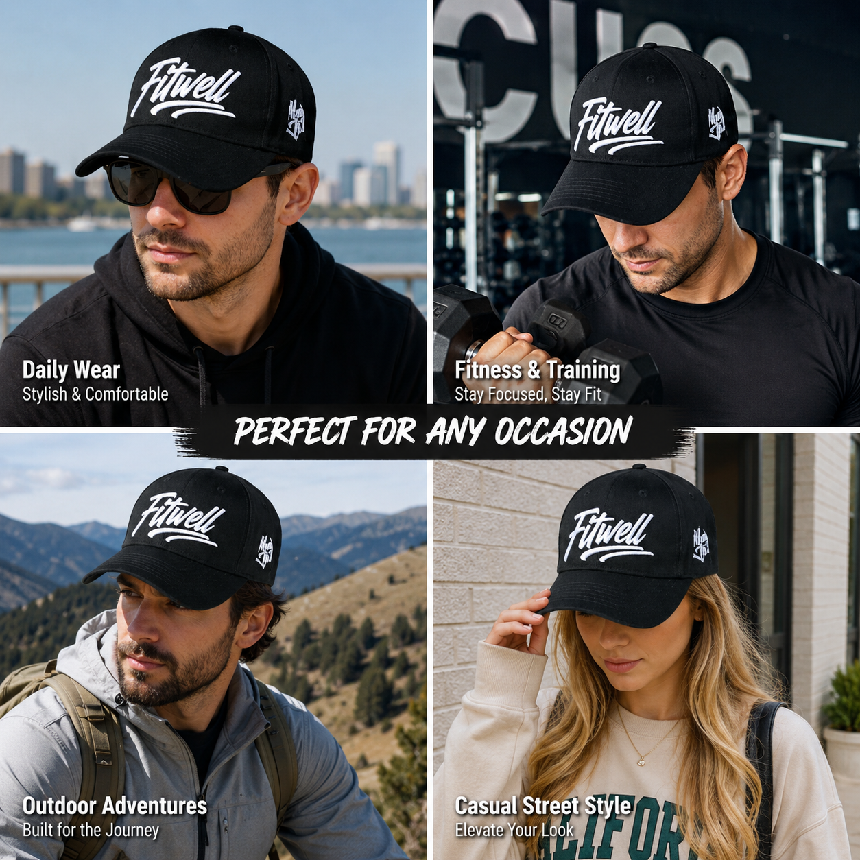 Black Structured Six-Panel Cap with Bold White Script Embroidery