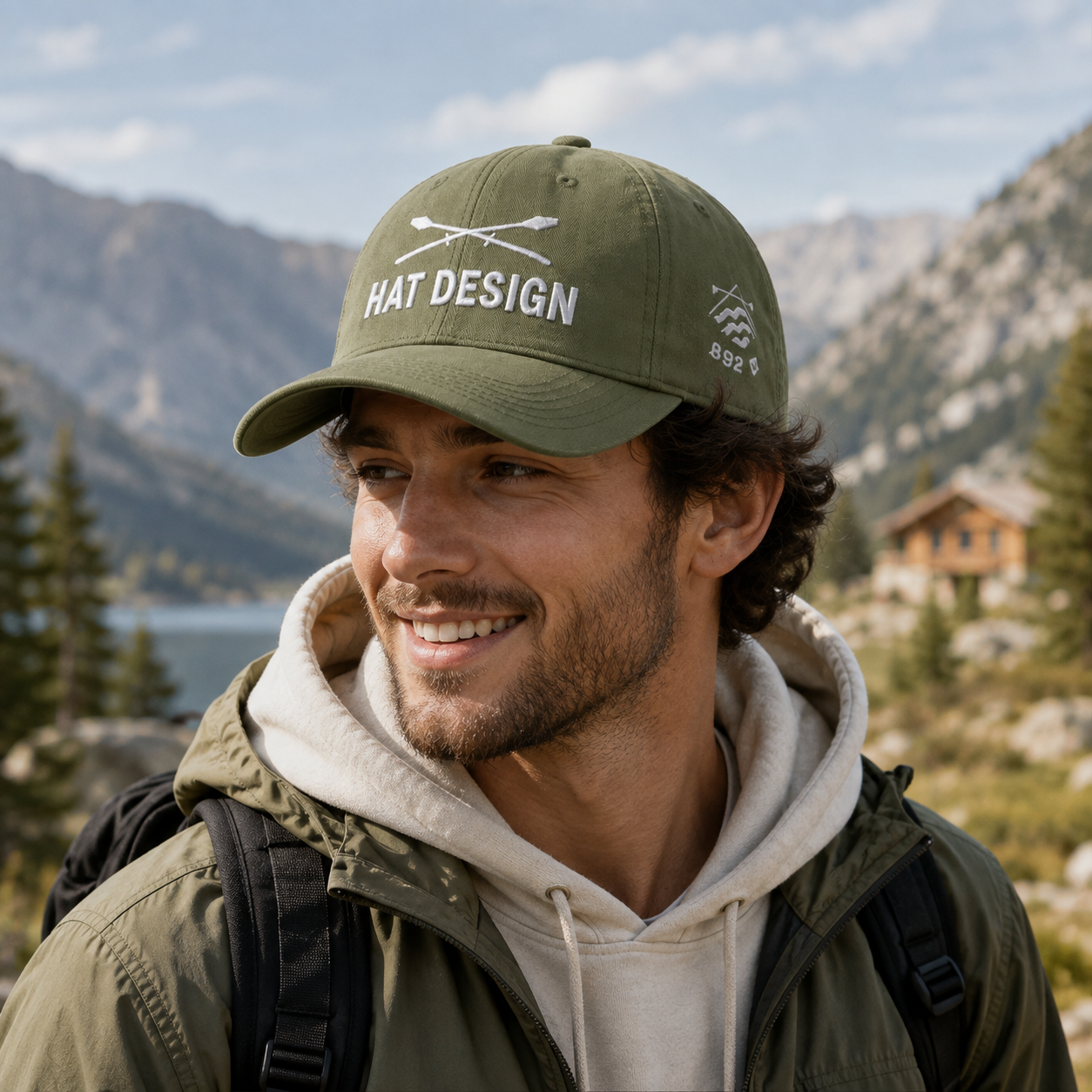 Olive Herringbone 6-Panel Curved Brim Cap with White Embroidery