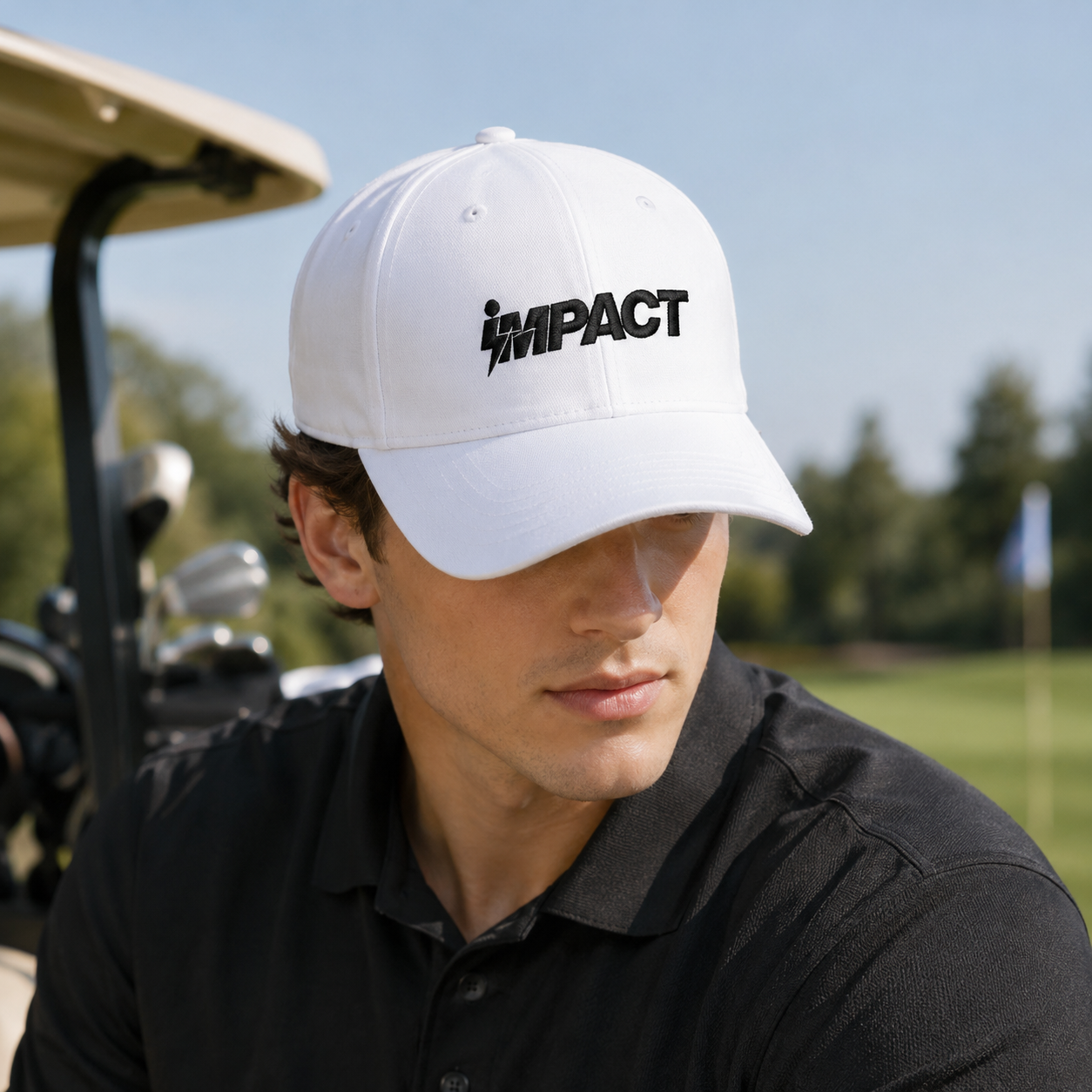 White IMPACT Structured Six-Panel Cotton Cap with Black Embroidery