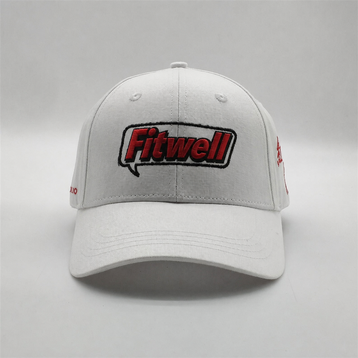 White Structured Six-Panel Cotton Baseball Cap with Raised Red and Black Front Embroidery and Curved Brim