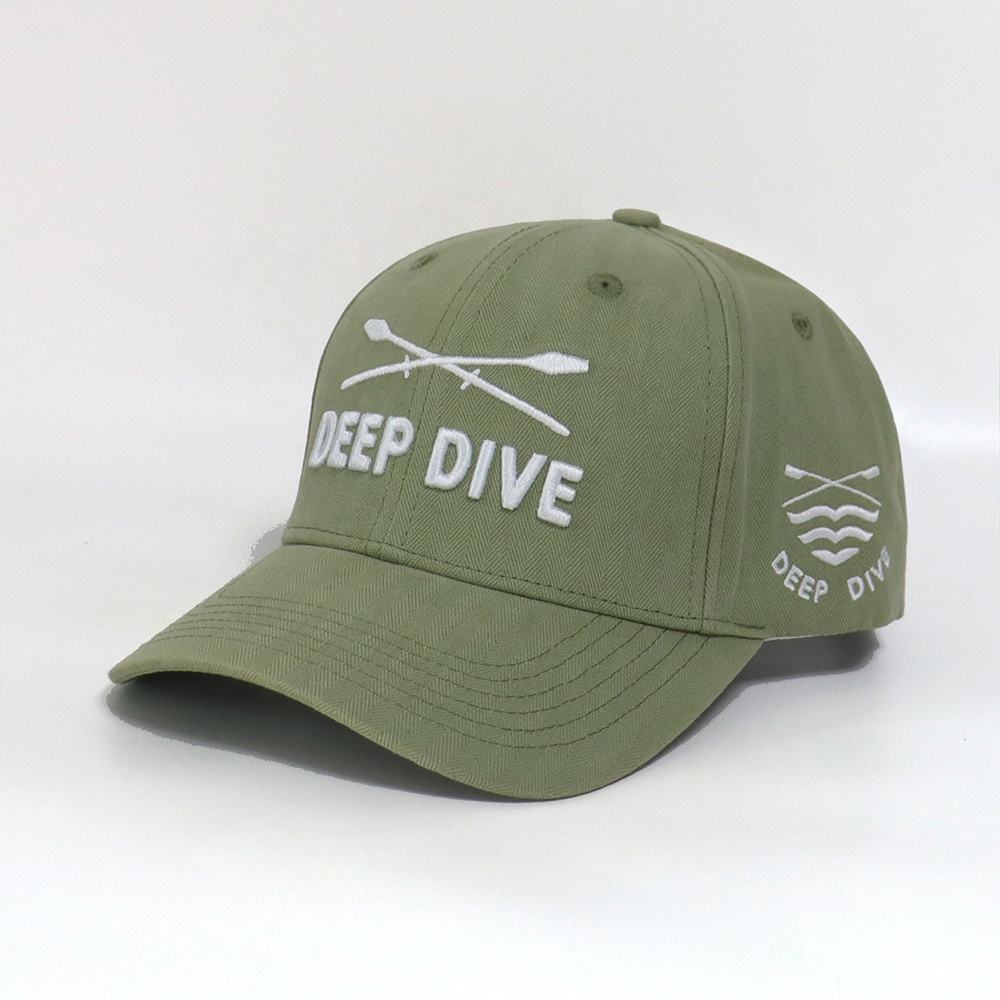 Olive Herringbone 6-Panel Curved Brim Cap with White Embroidery