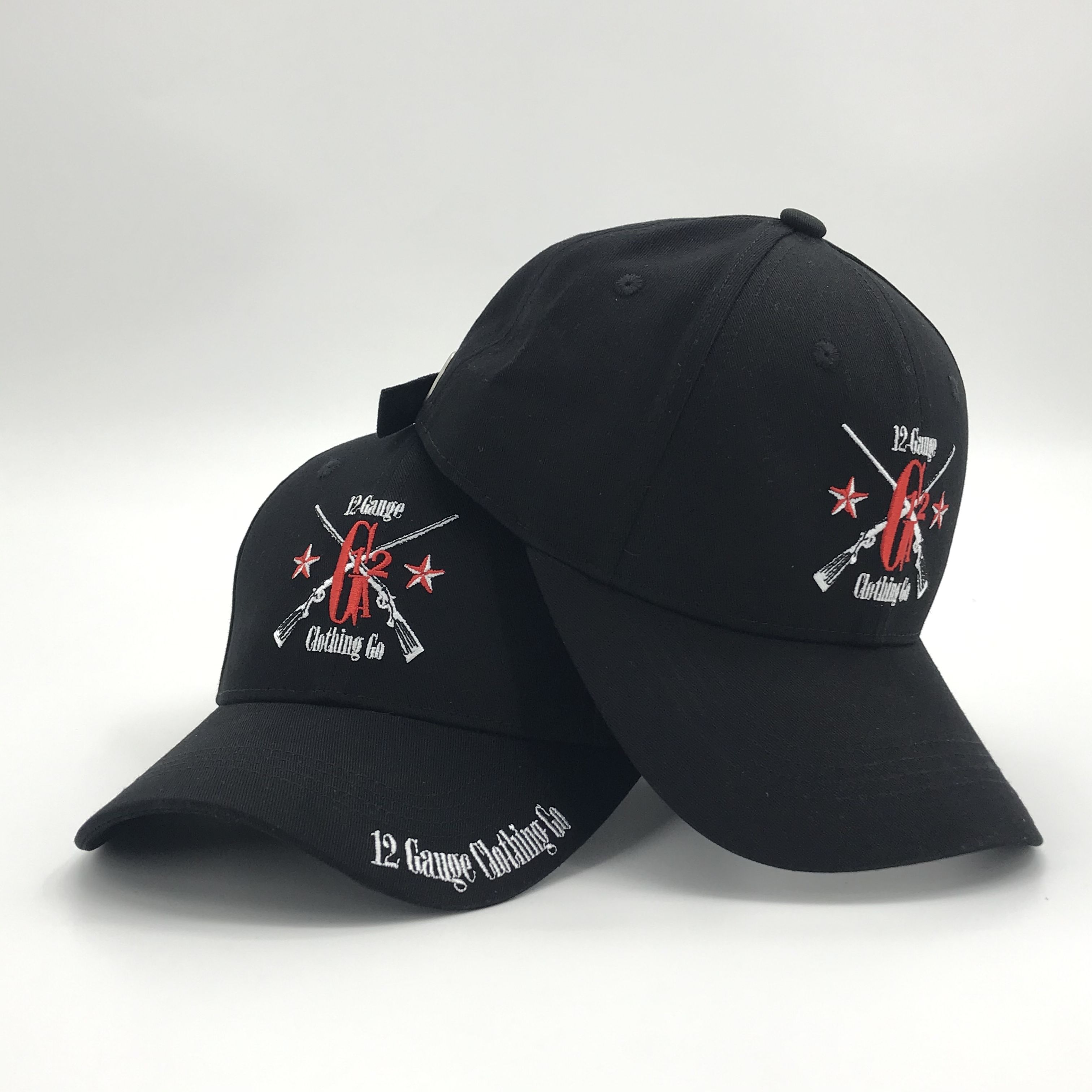 Black Six-Panel Baseball Cap with Red and White Crossed-Rifle Embroidery