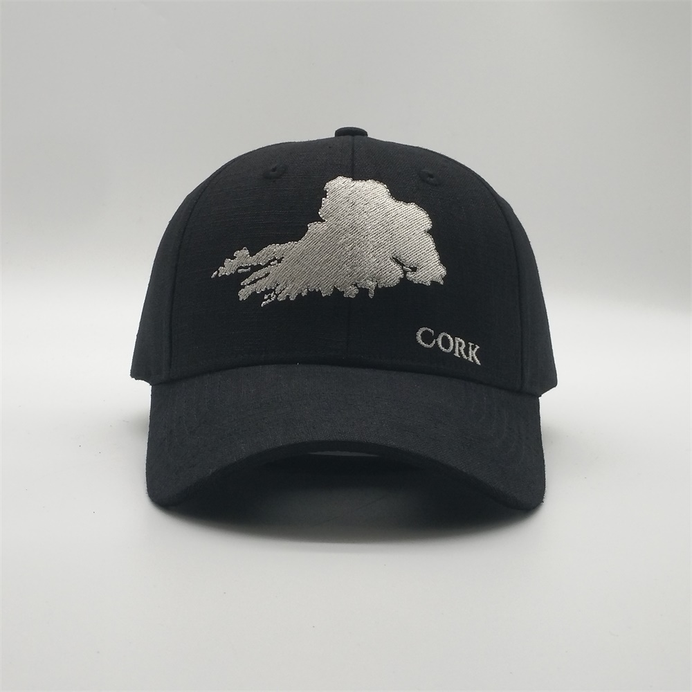 Black 6-Panel Structured Baseball Cap with Silver Cork Map Embroidery