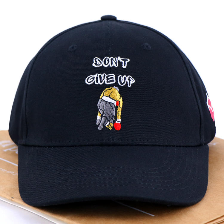 Black Motivational Cartoon Embroidered 6 Panel Baseball Cap