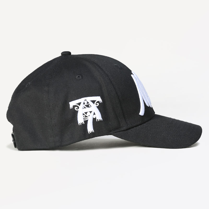 Black Structured Six-Panel Cap with Bold White Script Embroidery