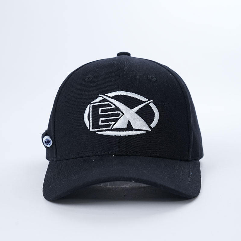 Black Six-Panel Curved Brim Cap with White Geometric Emblem
