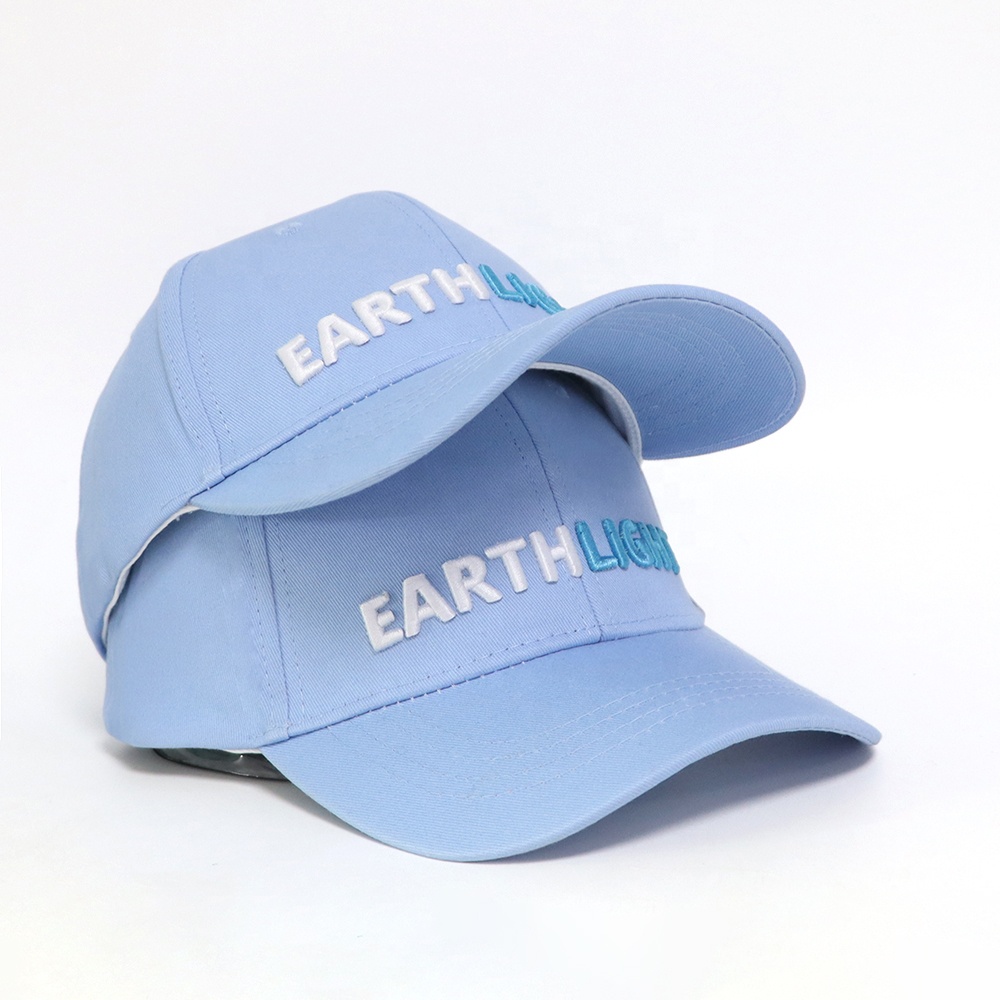 Light Blue Six Panel Cotton Baseball Cap with 3D Embroidered Earthlight Logo