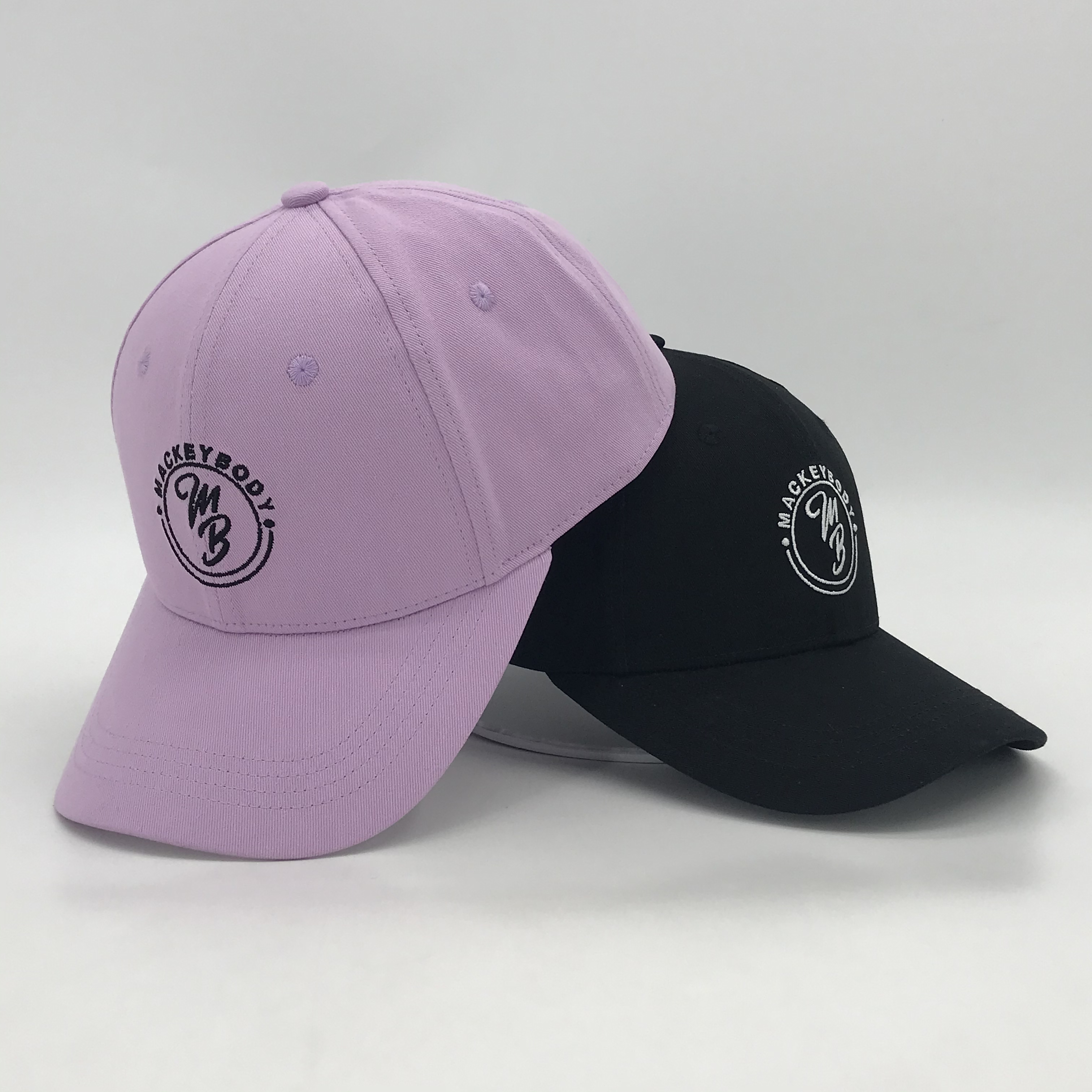 Lavender and Black 6 Panel Cotton Baseball Caps with Circular MB Embroidered Logo