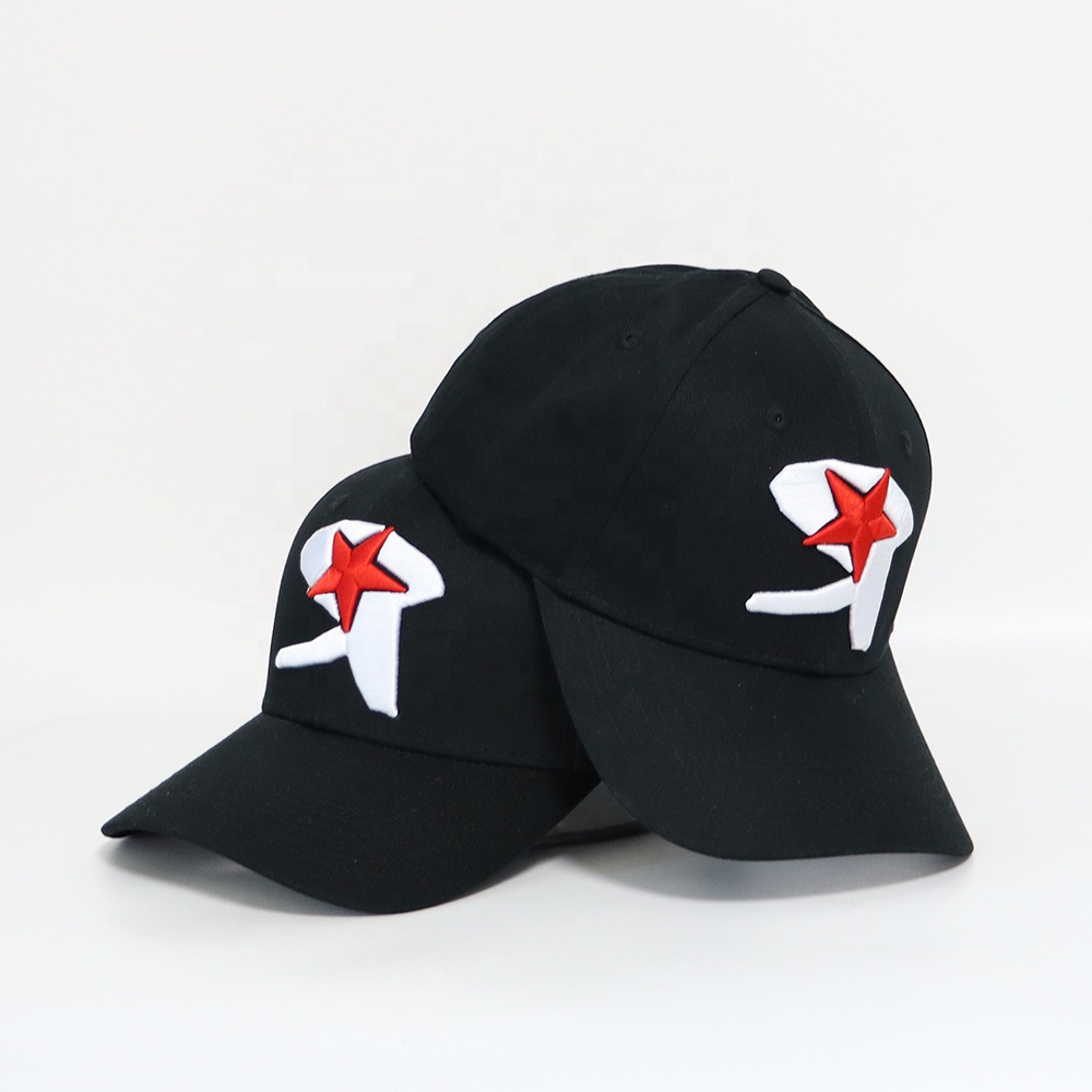 Black Star-Motif Six-Panel Cap with Raised Red and White Embroidery
