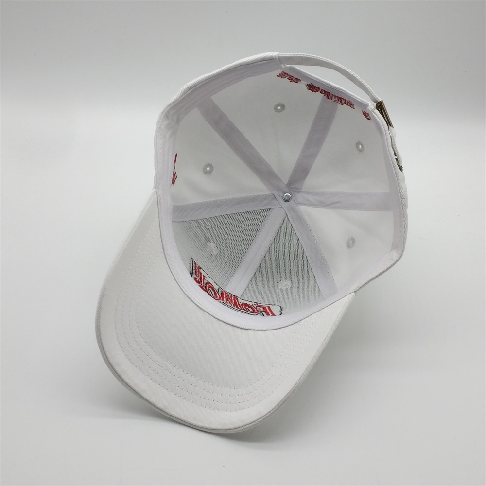 White Structured Six-Panel Cotton Baseball Cap with Raised Red and Black Front Embroidery and Curved Brim