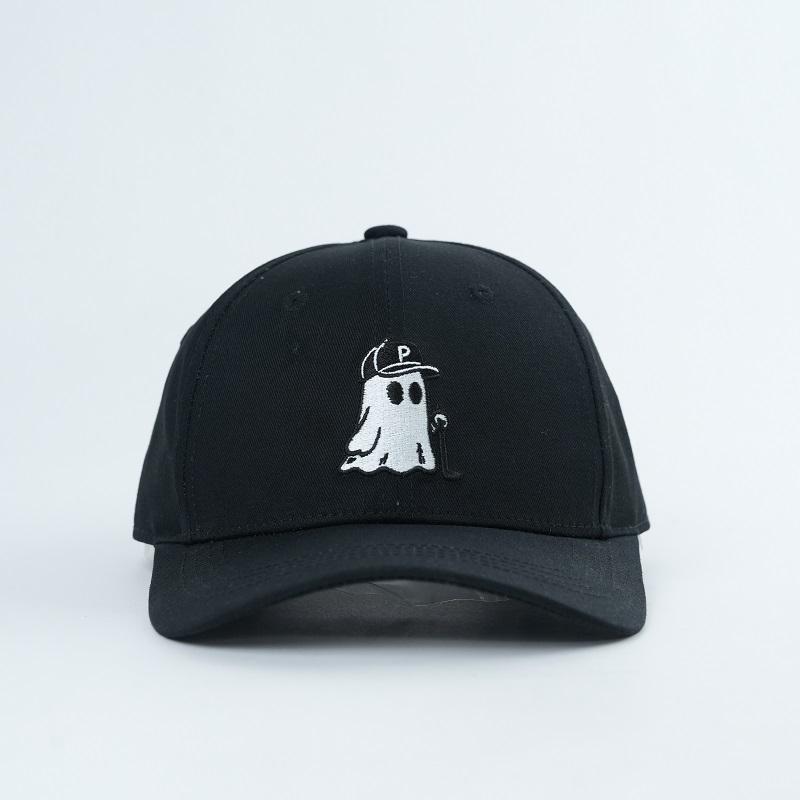 Black Structured Six-Panel Baseball Cap with White Ghost Embroidery