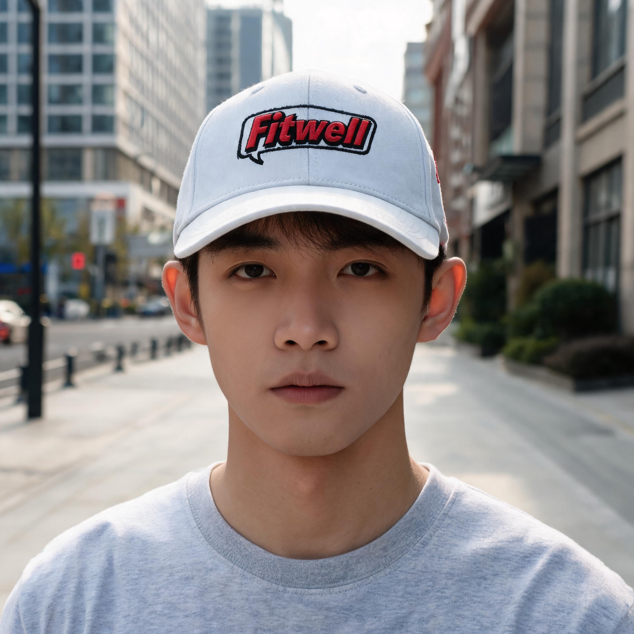 White Structured Six-Panel Cotton Baseball Cap with Raised Red and Black Front Embroidery and Curved Brim