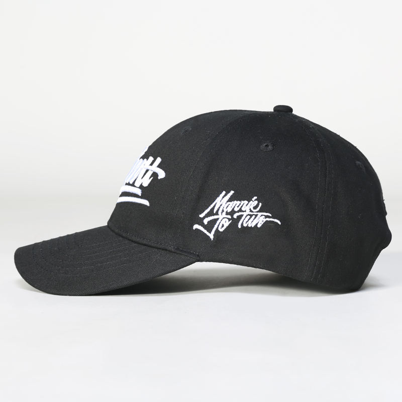 Black Structured Six-Panel Cap with Bold White Script Embroidery