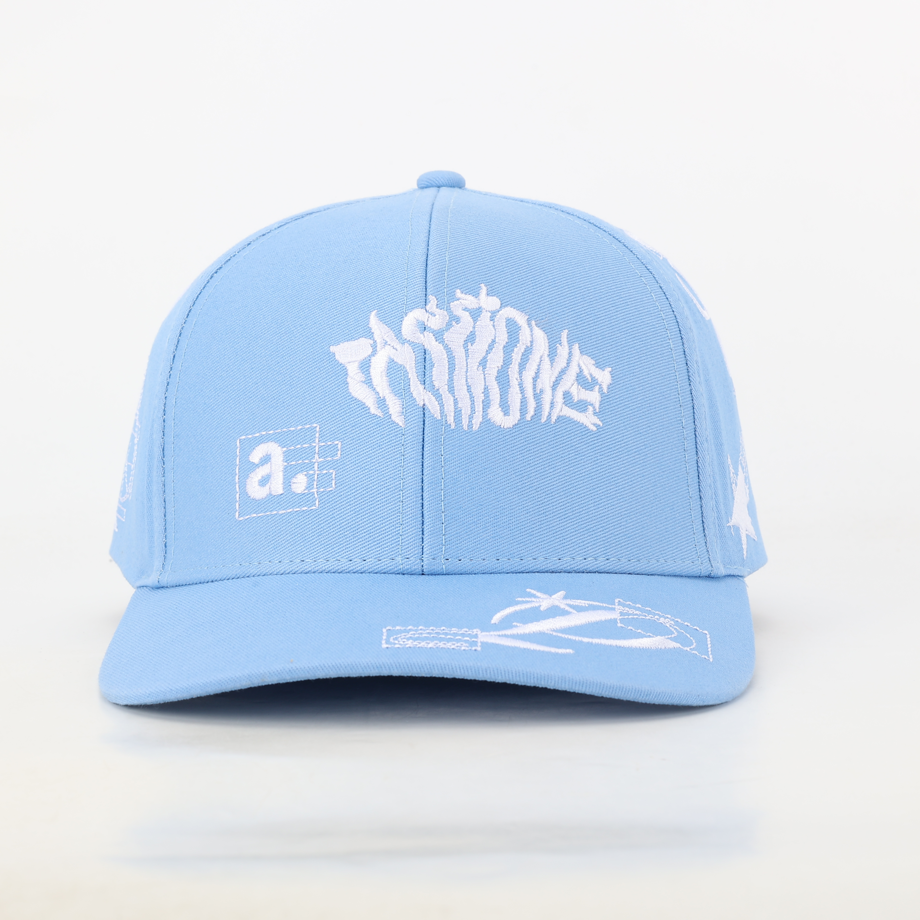 Light Blue Structured 6-Panel Baseball Cap with White Multi-Position Embroidery – Curved Brim Streetwear Hat