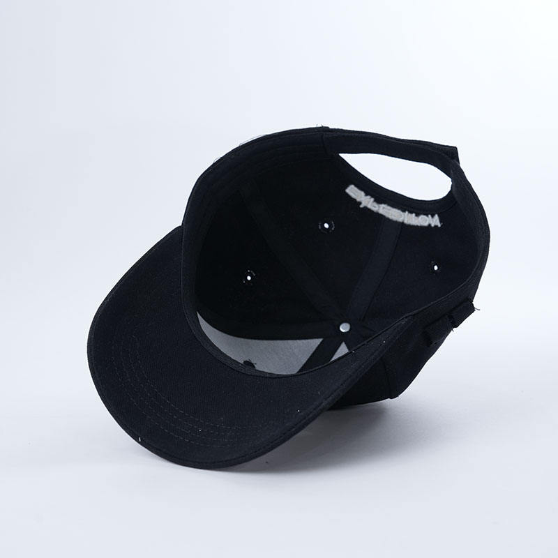 Black Six-Panel Curved Brim Cap with White Geometric Emblem