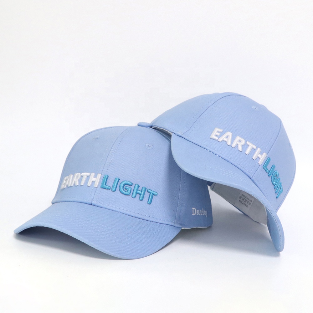 Light Blue Six Panel Cotton Baseball Cap with 3D Embroidered Earthlight Logo