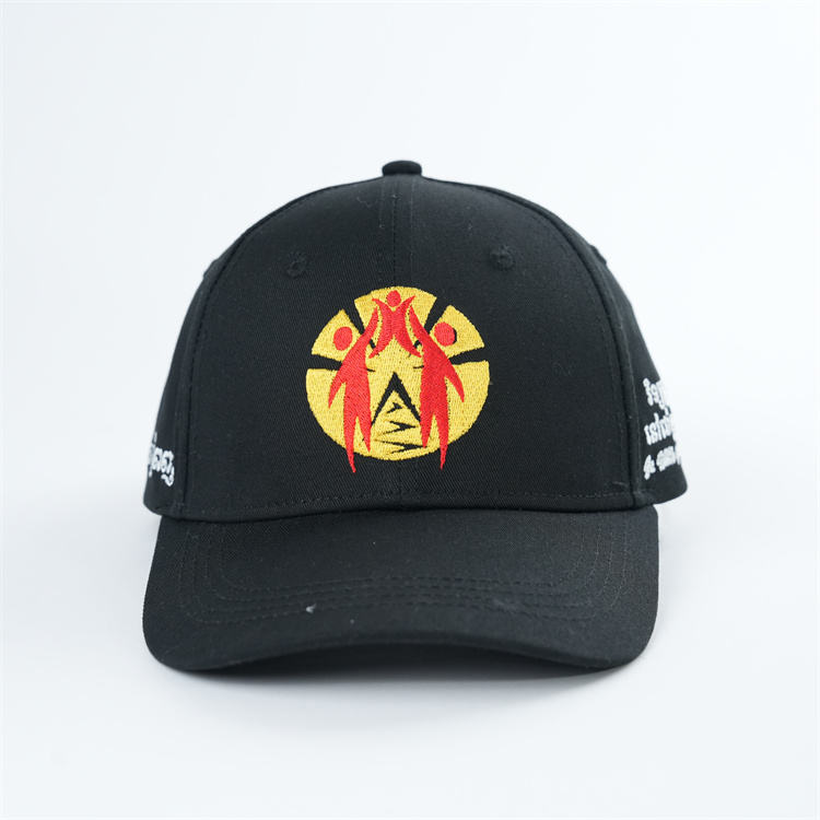 Black Structured Cotton Baseball Cap with Front Graphic Embroidery