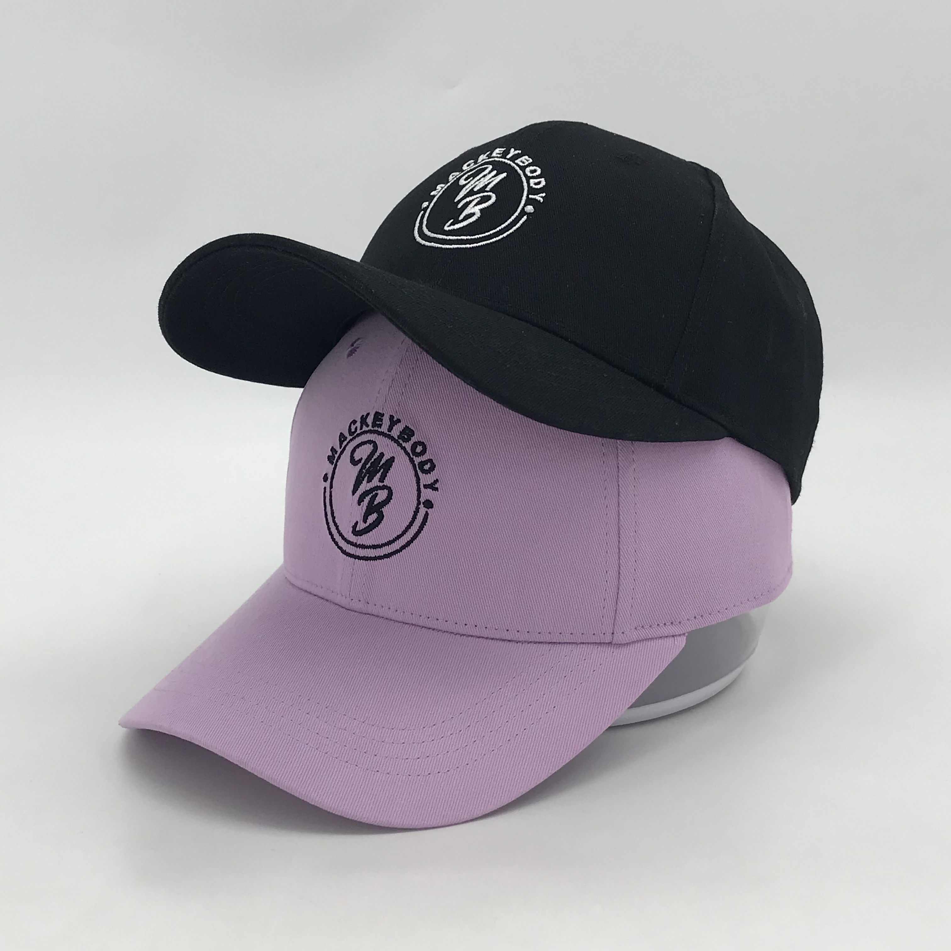 Lavender and Black 6 Panel Cotton Baseball Caps with Circular MB Embroidered Logo