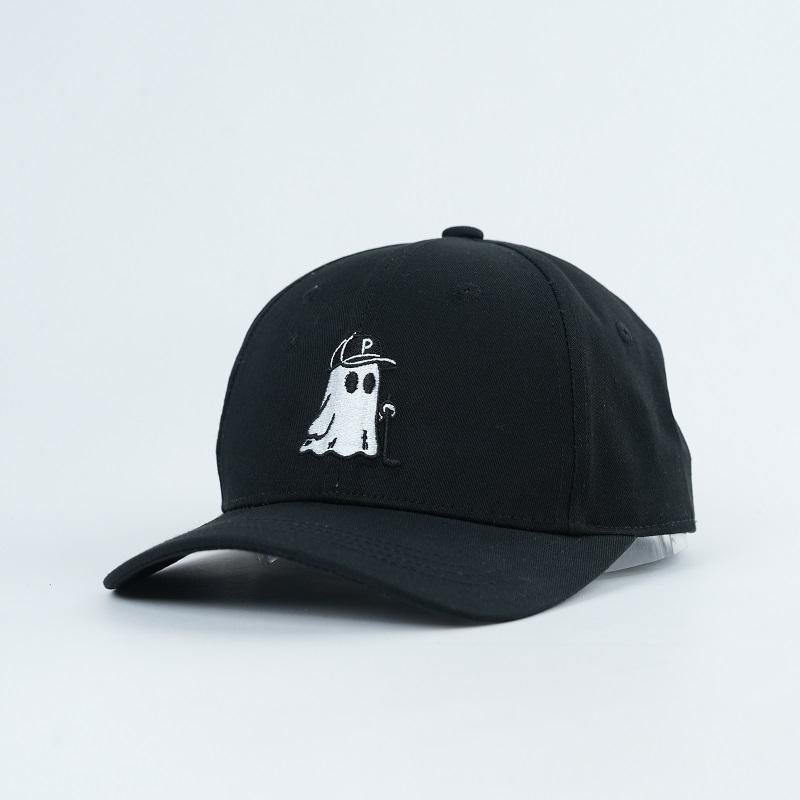 Black Structured Six-Panel Baseball Cap with White Ghost Embroidery