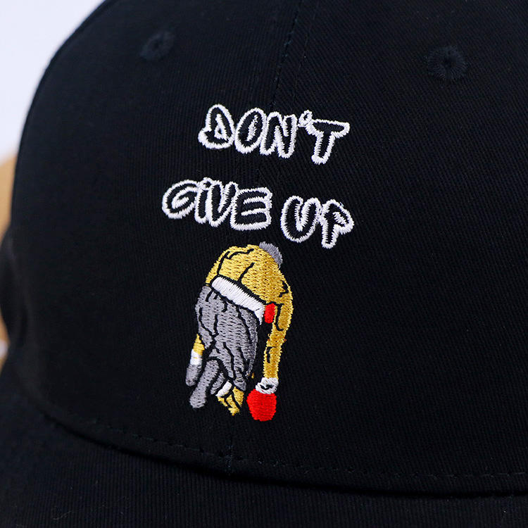 Black Motivational Cartoon Embroidered 6 Panel Baseball Cap